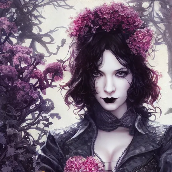 Image similar to goth christina hendricks with flowers in her hand, tankoban, 4 k, tone mapping, akihiko yoshida, james jean andrei riabovitchev marc simonetti, yoshitaka amano, long hair, curly, h. hydrochaeri