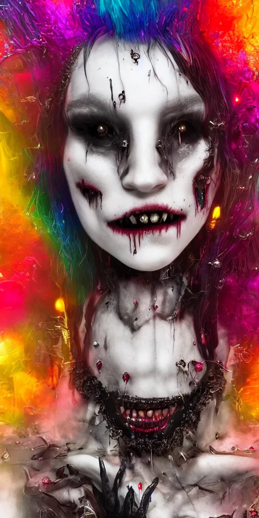 Image similar to impossibly beautiful vampire with large vampire fangs, full body, leather, intricate complexity, surreal horror, psychedelic glitch art, rainbow drip paint, trending on art station, photoreal, 8 k, octane render