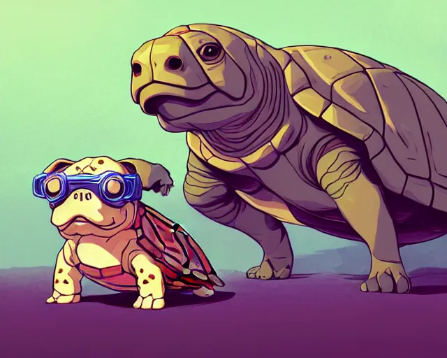 Prompt: cell shaded cartoon of an adorable turtle with a bulldog's head wearing goggles, concept art by josan gonzales and wlop, by james jean, victo ngai, david rubin, mike mignola, deviantart, art by artgem