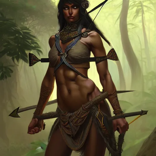 Image similar to portrait of a female dark elf archer, elegant, intricate, full frontal shot, jungle ruins background, highly detailed, digital painting, artstation, concept art, sharp focus, illustration, art by artgerm and greg rutkowski and alphonse mucha