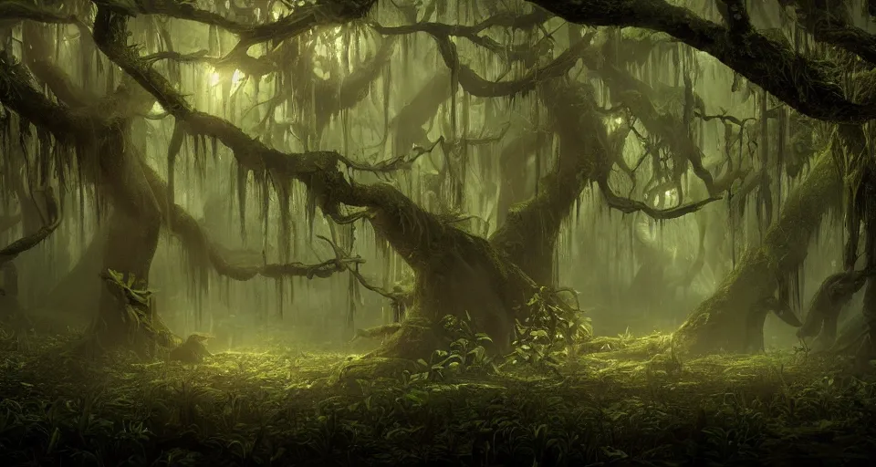 Image similar to A dense and dark enchanted forest with a swamp, by CGSociety