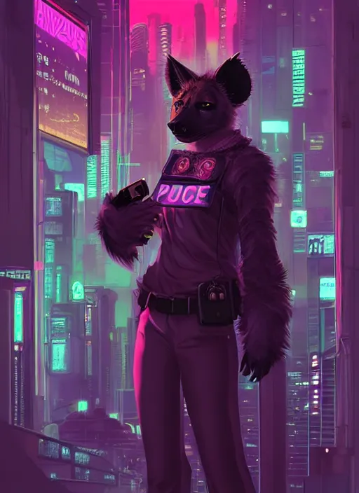 Image similar to beautiful portrait commission of a female furry anthro hyena fursona wearing a police uniform. Cyberpunk city at night in the rain. Neon light. Atmospheric. Character design by charlie bowater, ross tran, artgerm, and makoto shinkai, detailed, inked, western comic book art