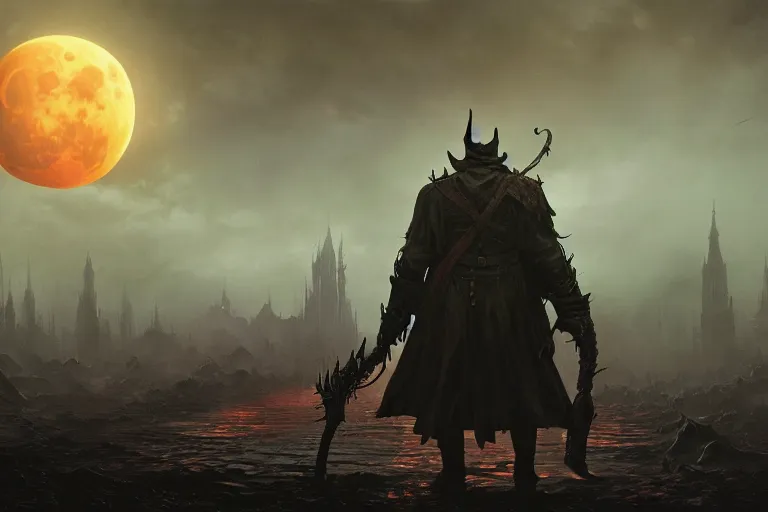 Image similar to an ultra matte painting of a big daddy in the style of bloodborne, concept art by alphonse mucha and greg rutkowski, scary shadows, blood moon eclipse, octane render, liminal space