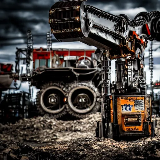 Prompt: giant scary treaded mining automated machine robot with drill, mining scrap metal, highly detailed body, retro, industrial, dark, dystopian, apocalyptic, clean, 8 5 mm f / 1. 4