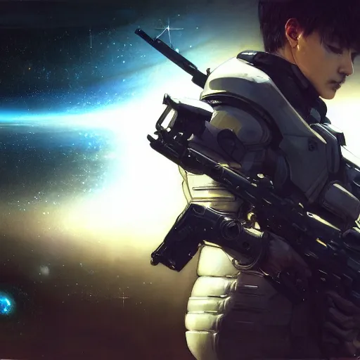 Image similar to award winning, extremely photorealistic, bokeh, beautiful detail, stars in the sky, cybernetic, sci-fi space game art, jeon Jungkook holding a gun. alien planet art by Akihito Yoshitomi AND Yoji Shinkawa AND Greg Rutkowski, Mark Arian trending on artstation