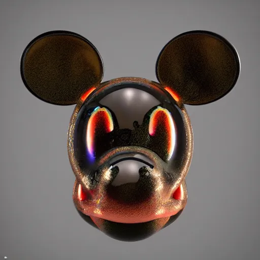 Prompt: knockoff mickey mouse head, fractal, broken, psychedelic, wet, mycelium, radiant alien, rococo, baroque, automotive, bio-mechanical, porcelain, iridescent, sub surface scattering, octane render