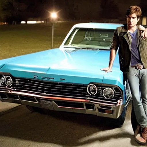 Image similar to Ian Somerhalder as Dean Winchester in Supernatural, leaning against a 1967 chevrolet impala at night