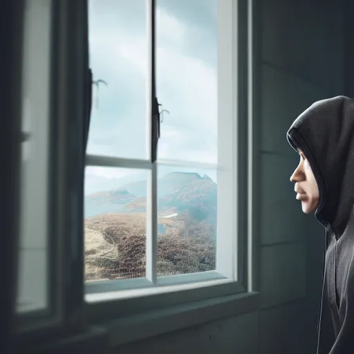 Image similar to a young man in a hoodie looking through the window, dramatic lighting, cinematic scene, matte painting