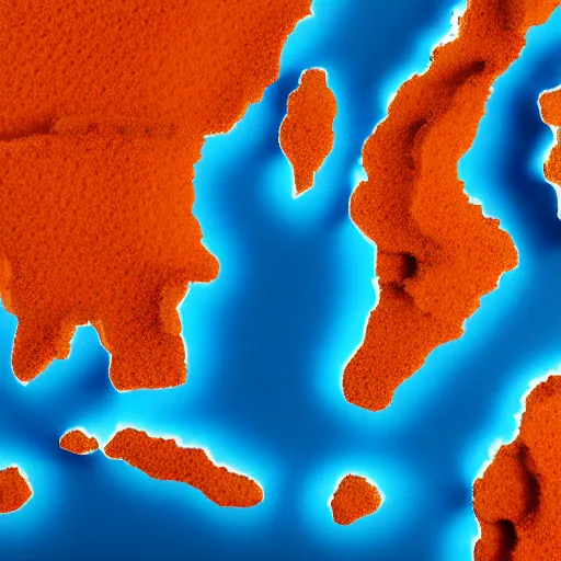 Image similar to top down view of map of country iceland made out of ice, accurate map, surrounded by ocean made out of hot orange lava, realistic
