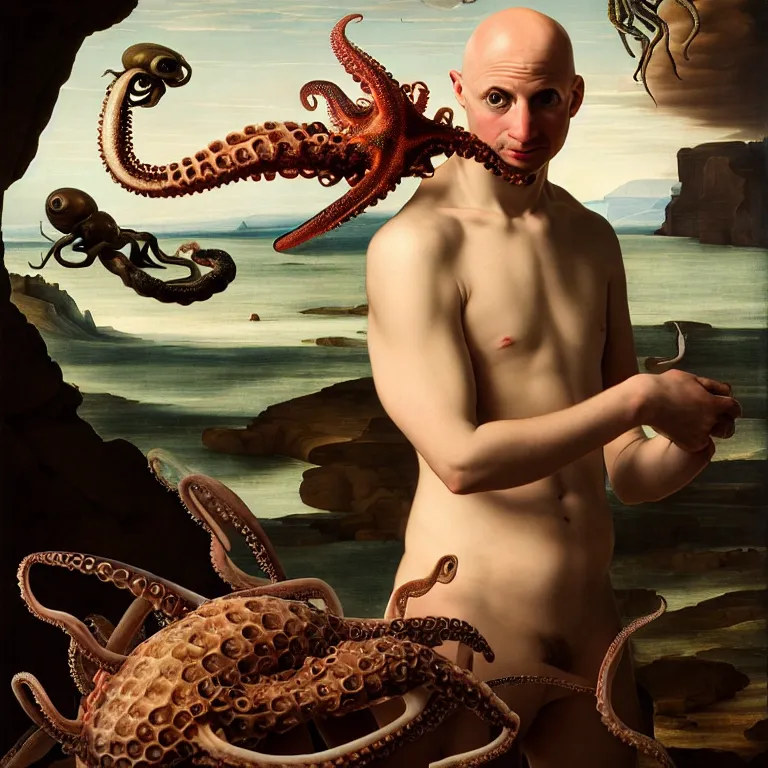 Image similar to young bald man wearing exoskeleton, standing in a shell, holding a squid, octopus, sea in the background, beautiful baroque portrait painting, psychedelic, trippy, hallucination, dream, beautiful detailed intricate insanely detailed octane render trending on Artstation, 8K artistic photography, photorealistic, chiaroscuro, Raphael, Caravaggio