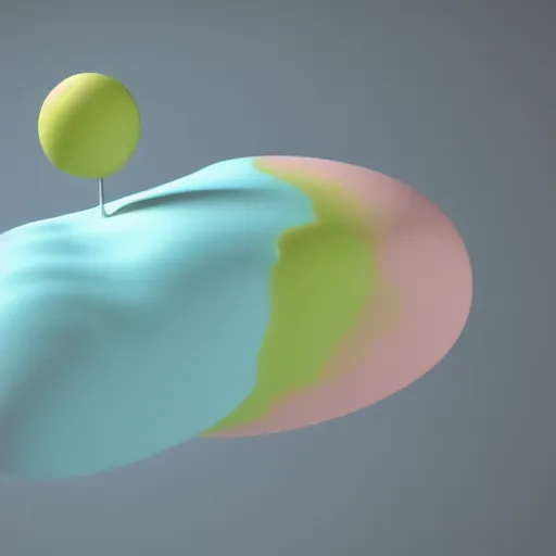 Image similar to A 3d render of pastel colored liquid spheres are melting together as a clay in a abstract shape with detailed shadow. Geometric shaped. render, low angle camera, detailed shading, vray octane, redshift. ray tracing. volumetric lighting. micro details, Hyper detailed, 8K3d, Trending on Artstation. rendered in cinema4d, Hyper realism.