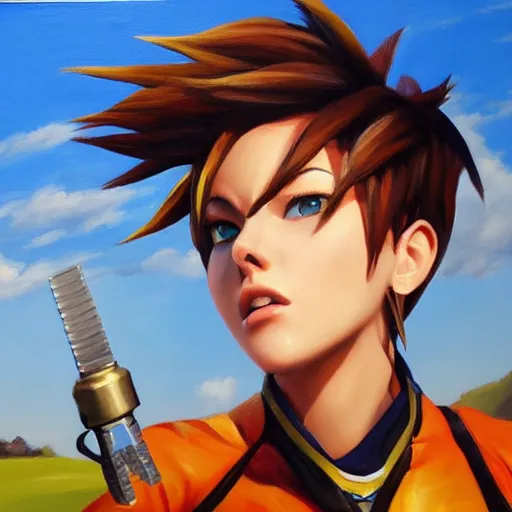 Prompt: oil painting of tracer overwatch in a field wearing spiked collar uniform, in style of steve henderson, expressive face, detailed face, detailed eyes, full body, feminine face, tracer overwatch,