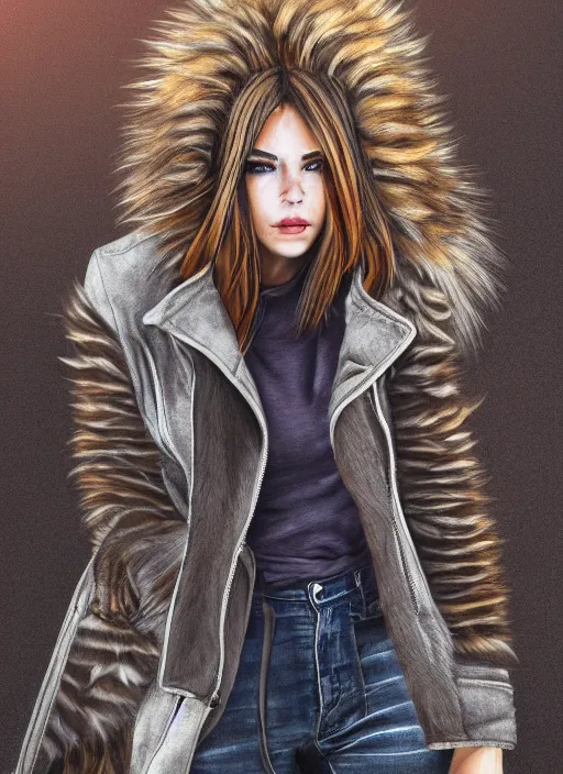 Prompt: award winning beautiful portrait commission of a female furry anthro hyena fursona with a bushy tail and a leather jacket, detailed background, urban streets, artificial lighting, cute, beautiful, attractive, detailed,