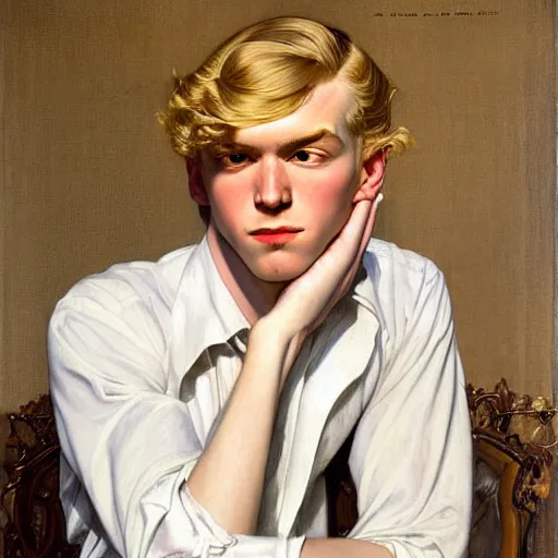 Prompt: beautiful portrait painting of the androgynous pale blond prince Lucius with long curly blond hair, delicate young man wearing an open white dress shirt smiling sleepily at the viewer, curtain bangs over his eyebrows, symmetrically parted fringe, in love by J.C Leyendecker and Norman Rockwell
