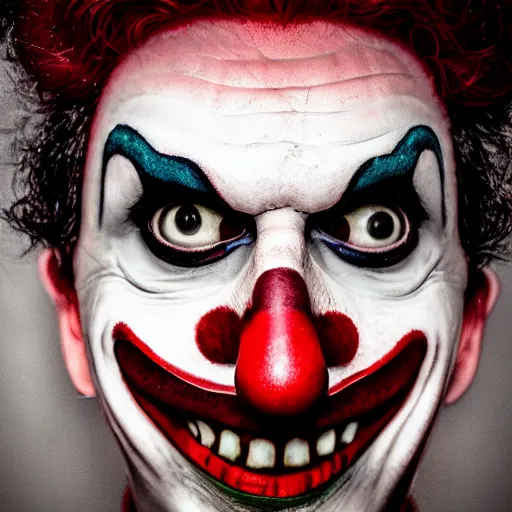 Prompt: mattia binotto, clown makeup, widelens, realistic, hdr, red clown nose, colorful wig