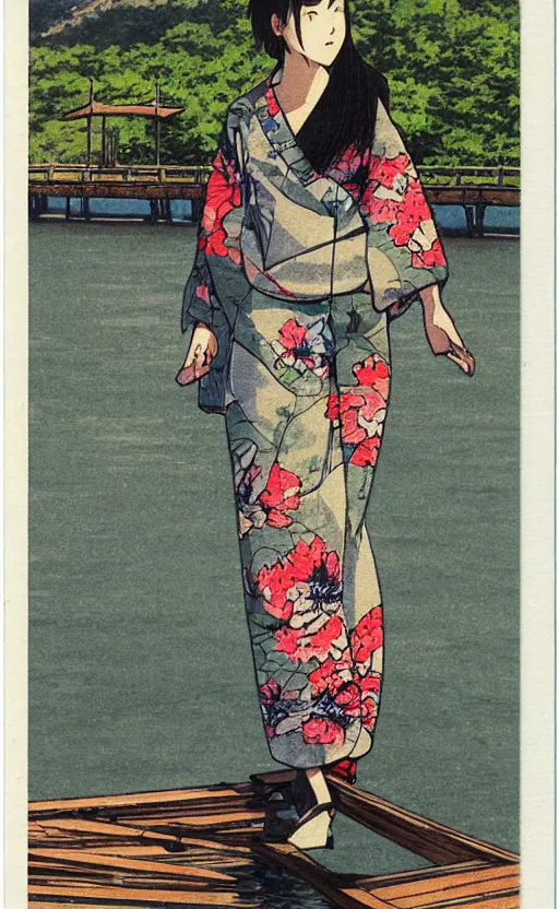 Image similar to by akio watanabe, manga art, a girl walking on wooden lake bridge and iris flowers, trading card front, kimono, realistic anatomy