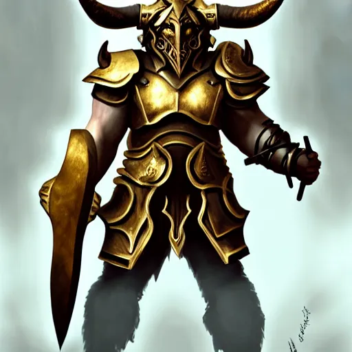 Image similar to Giant minotaur humanoid beast warrior with two handed axe, horned helmet, concept art, heavy white and golden armor, paladin, giant horns, portrait, dungeons and dragons, hyperrealism, high details, digital painting, dark fantasy
