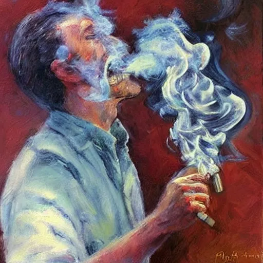 Prompt: smoker. smoke. happiness. art. impressionism