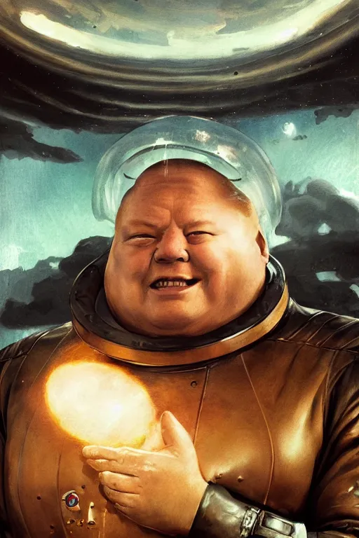 Image similar to upper body portrait of baron harkonnen wearing leather spacesuit, detailed, sunshine, nebula space background, illustration by normal rockwell, artstation character art, john william waterhouse, concept art, greg rutkowski