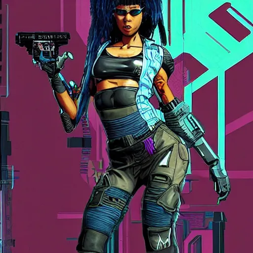 Prompt: Nikki. Apex legends cyberpunk fitness babe. Concept art by James Gurney and Mœbius.