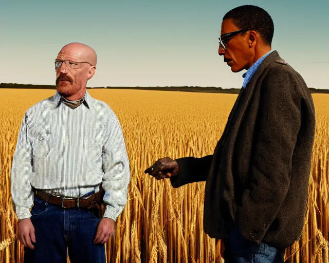 Image similar to walter white standing in front of gustavo fring in a wheat field, side view, 3 5 mm photograph, 8 k resolution, wide shot, sharp lens