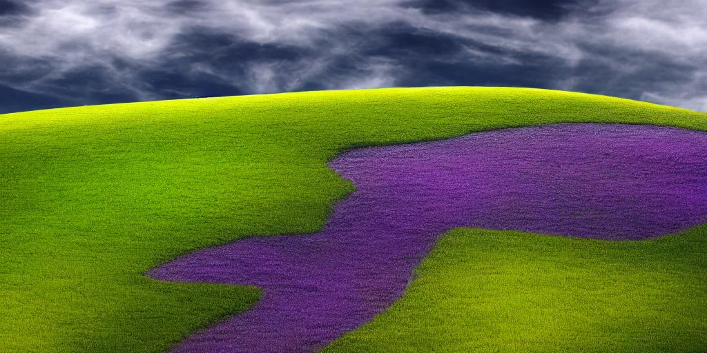 Image similar to a highly detailed 4 k photograph of the windows xp bliss wallpaper emerging from the heavens. h 5 7 6