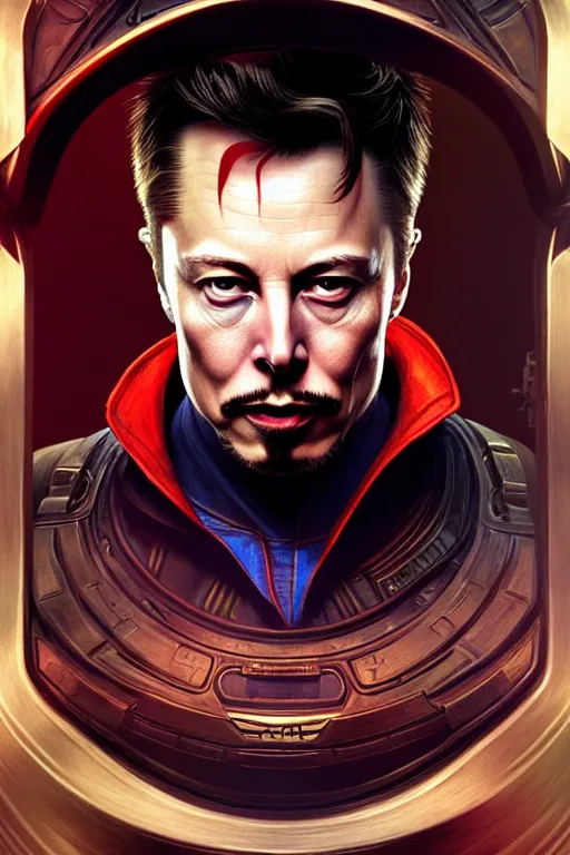 Image similar to elon musk as dr strange, realistic portrait, symmetrical, highly detailed, digital painting, artstation, concept art, smooth, sharp focus, illustration, cinematic lighting, art by artgerm and greg rutkowski and alphonse mucha