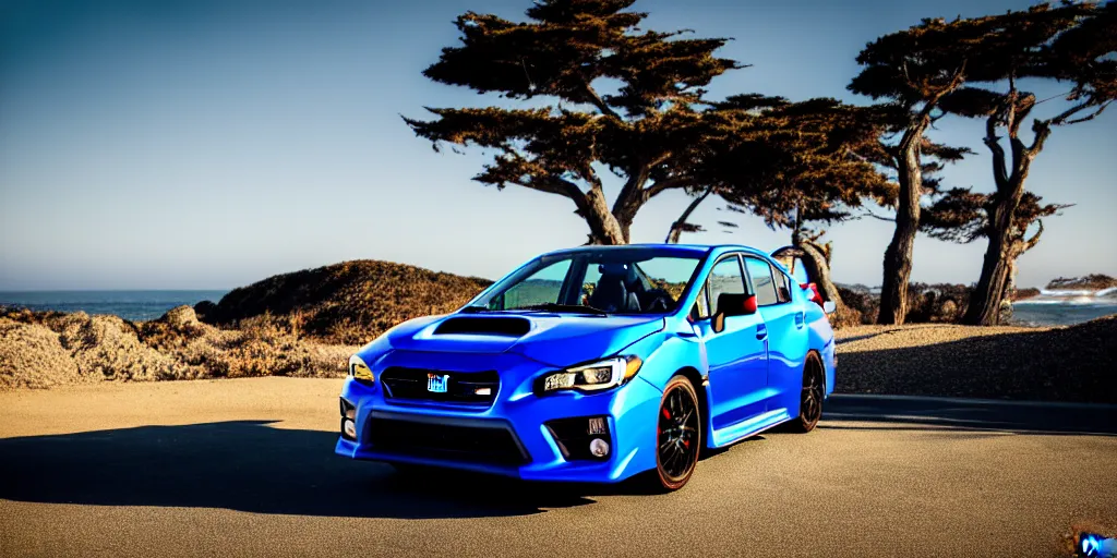 Image similar to photograph, 2014 Subaru WRX STi, cinematic, PCH, california coast, 8k, depth of field, bokeh.