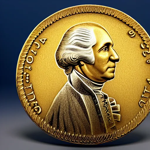 Image similar to a closeup photorealistic photograph of a happy George Washington inspecting small gold Doubloon coins at his home on Cherry Street. This 4K HD image is Trending on Artstation, featured on Behance, well-rendered, extra crisp, features intricate detail and the style of Unreal Engine.