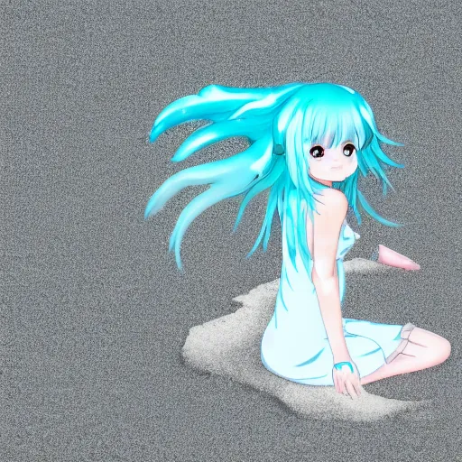 Prompt: a girl with light blue eyes, light blue hair in a white nightgown lies on the sand on the beach, anime style, high quality, 4 k digital art,