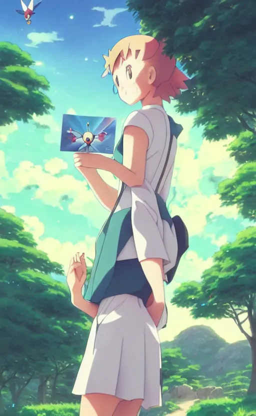 Image similar to a pokemon go card from 1 9 5 0, illustration, insect trainer girl, clear sky background, lush landscape, concept art, anime key visual, trending pixiv fanbox, by wlop and greg rutkowski and makoto shinkai and studio ghibli and kyoto animation, symmetrical facial features, short hair, hair down