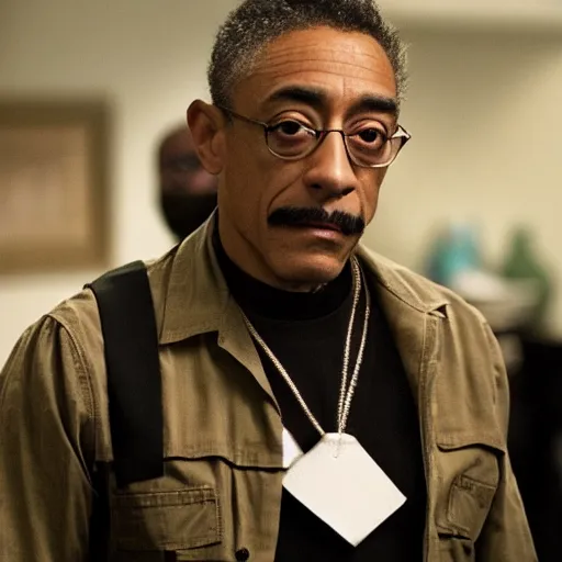 Image similar to Giancarlo esposito dressed like a mexican thug, black bandana covering mouth, blurry still