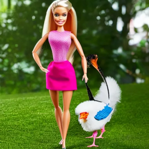 Prompt: barbie walking her pet chicken