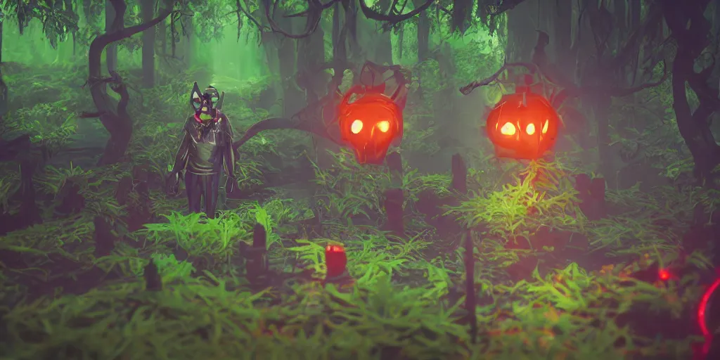 Prompt: detailed miniature diorama of a beautifully strange a gamekeeper wearing a solarpunk mechanical fluorescent mystical animal mask and red hoods. walking in the misty swamp. in style of fornite game. award winning. dramatic. trending on artstation. high quality. rendered by beeple, digital art, unreal engine 5, fornite game. octane render