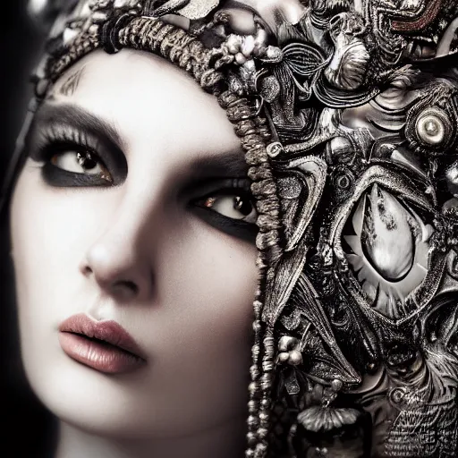 Prompt: a portrait of female model by stefan geselle and nekro borja, photorealistic, intricate details, hyper realistic, dark fantasy, ornate headpiece, dark beauty, photorealistic, canon r 3, photography, wide shot, photography, dark beauty, symmetrical features, unreal engine