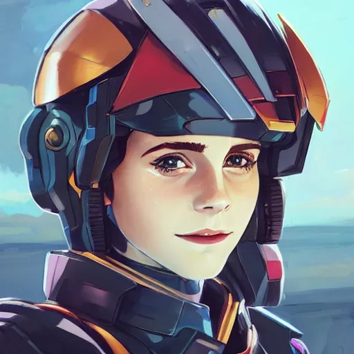 Image similar to a portrait of a stunning beautiful elite emma watson gundam pilot, with an intricate, detailed, urban inspired hiphop afro futuristic helmet, vector behance hd jesper ejsing, rhads, makoto shinkai, lois van baarle, ilya kuvshinov, rossdraws, hd, 3 2 k, ilya kuvshinov, gustav klimt