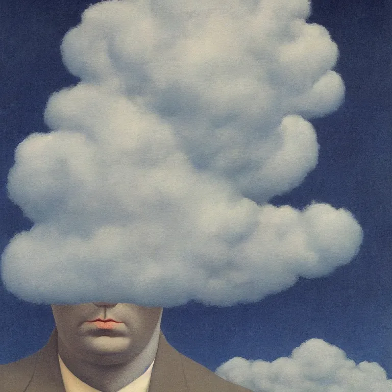 Image similar to portrait of a cloud faced man, by rene magritte, centered, detailed painting, hd, hq, high resolution, high detail, 4 k, 8 k