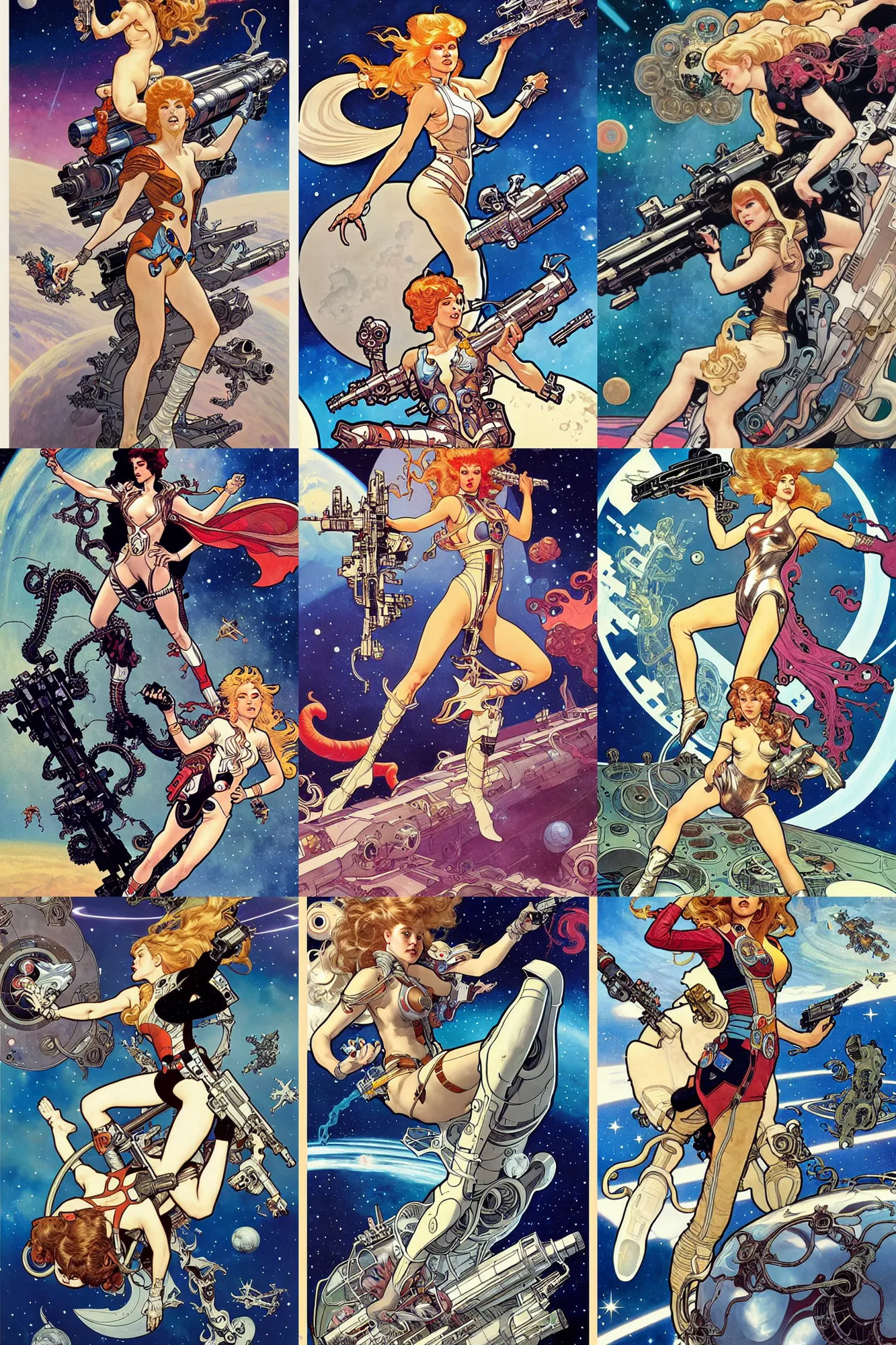 Prompt: barbarella in space looking good firing her space pistol at giant space octopus, painting by james jean and terry moore and greg rutkowski and alphonse mucha