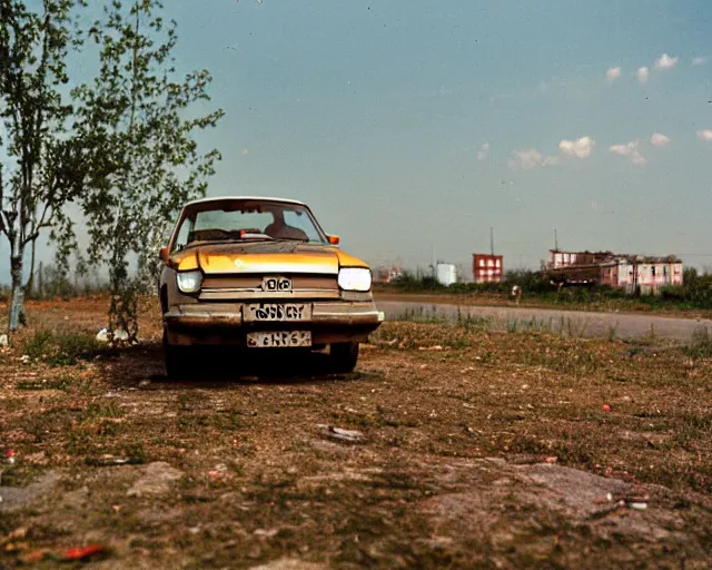 Image similar to a lomographic photo of old lada 2 1 0 7 standing in typical soviet yard in small town, hrushevka on background, cinestill, bokeh