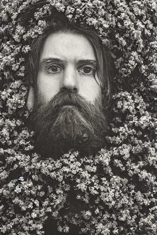 Image similar to an Irish man's face in profile, long beard, made of flowers and fruit, in the style of the Dutch masters and Gregory crewdson, dark and moody