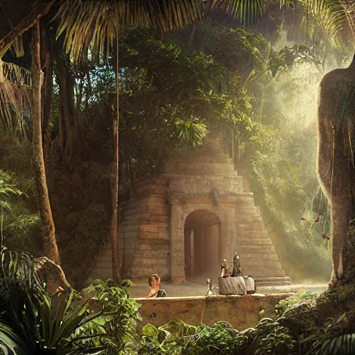 Image similar to jaguar priest, mayan temple in the jungle, by tom bagshaw, by gaston bussiere, sunlit, mist, octane render