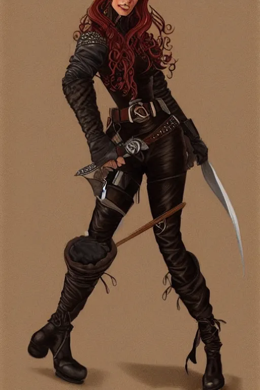 Prompt: Portrait of a beautiful female Half-Elf Rogue in high heeled leather boots in the style of Gerald Brom