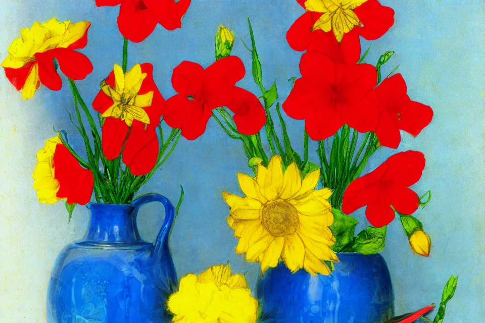 Prompt: red book and yellow vase with blue flowers, photo