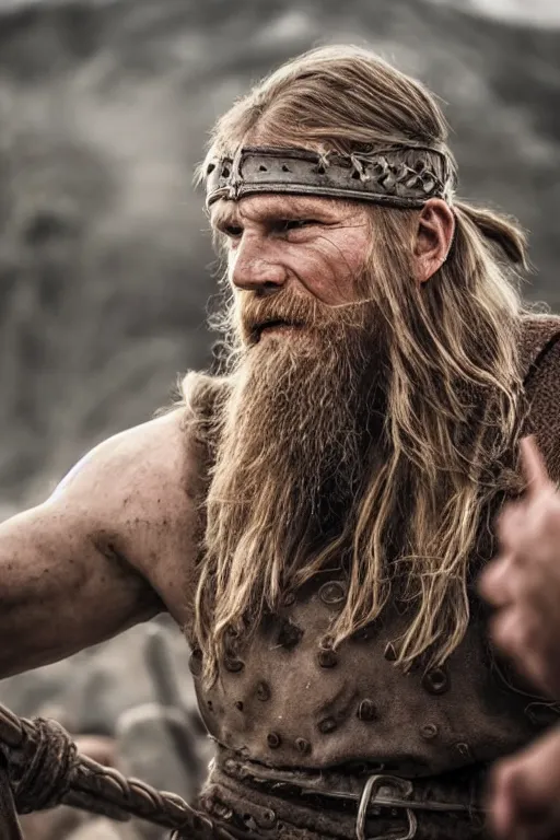 Prompt: realistic photograph of a rugged viking man in the middle of battle, highly detailed, cinematic, portrait, close - up,
