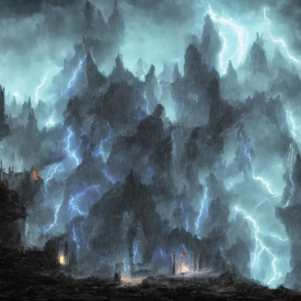 Prompt: a still of a cloaked figure standing in the ruins of crux prime, monastery, there is lightning, blue fiery maelstrom in the distance, it is raining, digital art, artstationhq