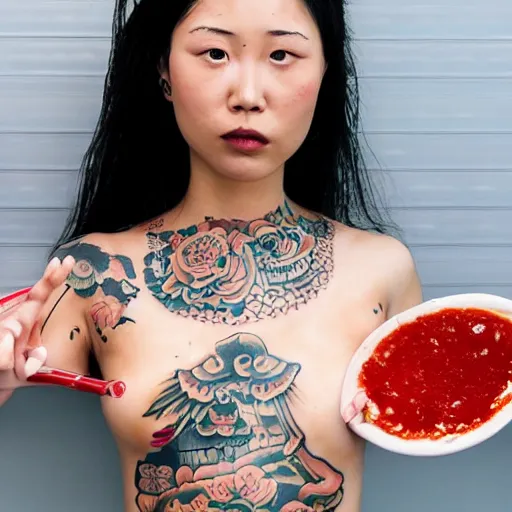 Prompt: a yakuza girl with tattoo bathing in kimchi