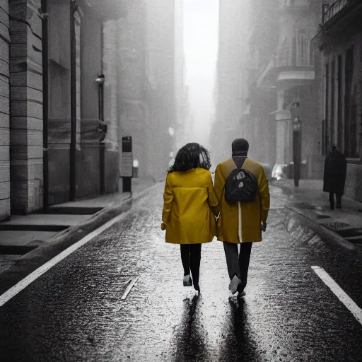 Image similar to A dramatic portrait of a couple wearing yellow rain coat , walking in a black and white street . Cinematic lighting