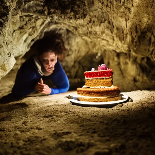 Image similar to an adventurer finding a cake in a dark mysterious cave