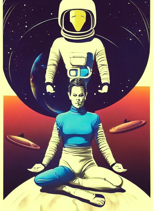 Image similar to a meditating astronaut, by vincent di fate, artgerm julie bell beeple, 1 9 8 0 s, inking, vintage 8 0 s print, screen print