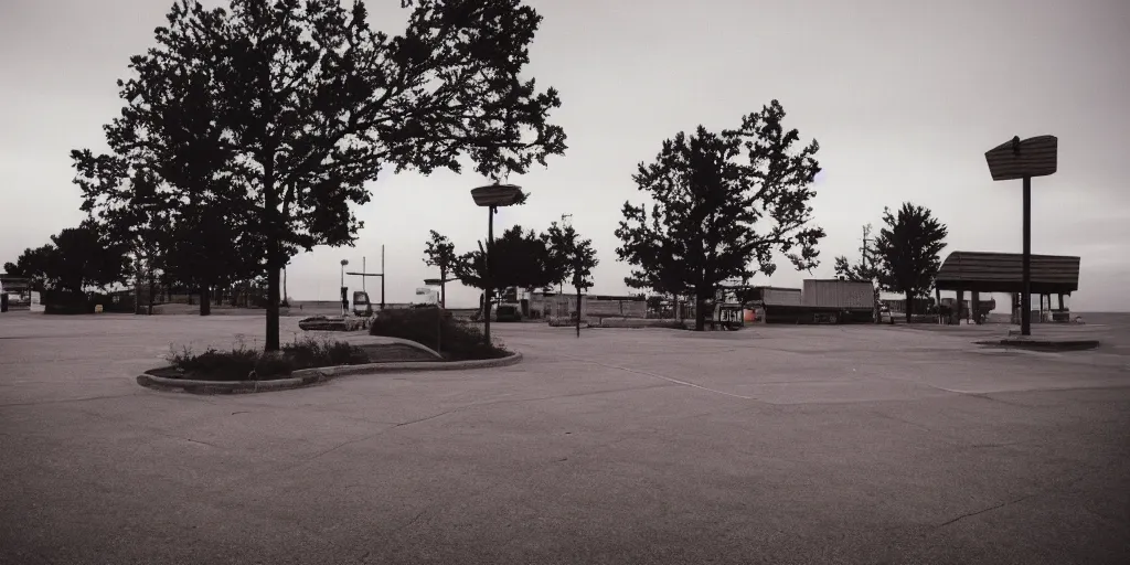 Prompt: a lonely port byron travel plaza in the middle of no where, sunset, eerie vibe, leica, 2 4 mm lens, 3 5 mm kodak film, directed by charlie kaufman, f / 2 2, anamorphic